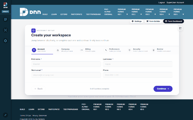 Module View: the form picker plus the display mode — Fixed form renders inline; Popup form opens on a trigger