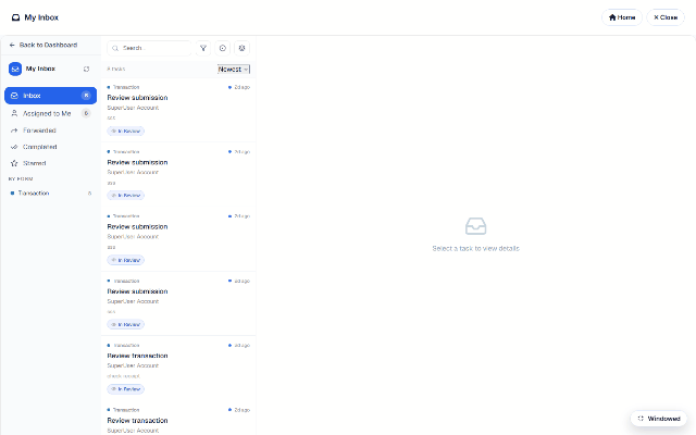 A DNN page in My Inbox mode: the signed-in approver's queue — assigned tasks, filters, and per-form grouping