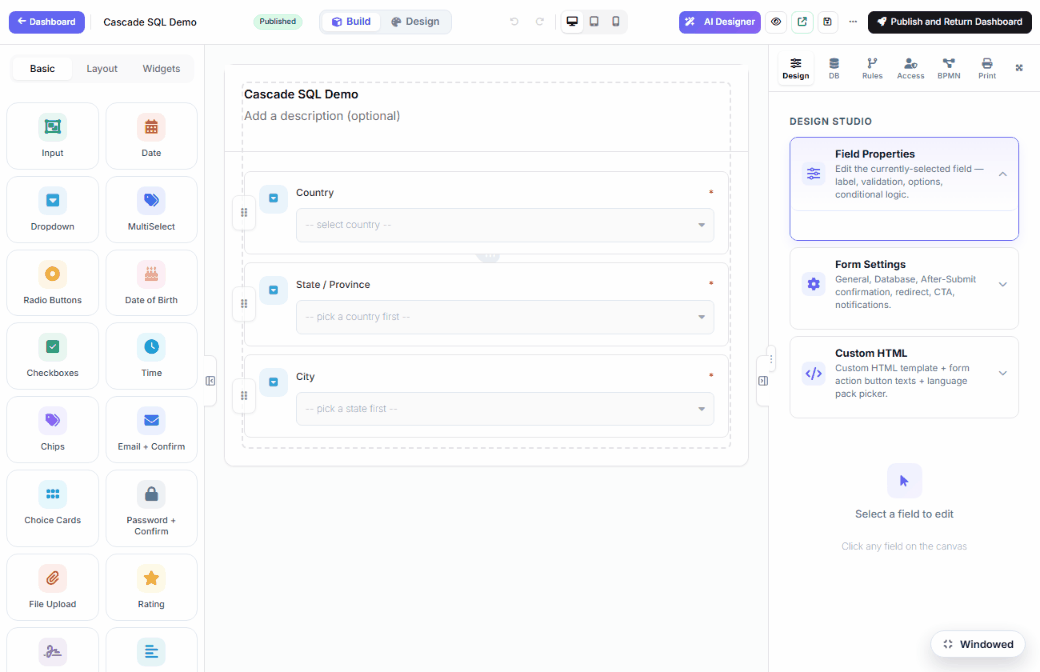 The builder on DNN: adding an Input from the palette, selecting a field to edit its properties, peeking the Design tab, and saving the draft