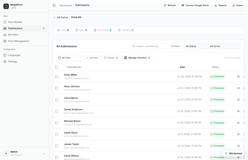 A form's submissions grid on DNN — the form's own columns, status counts and server-side paging