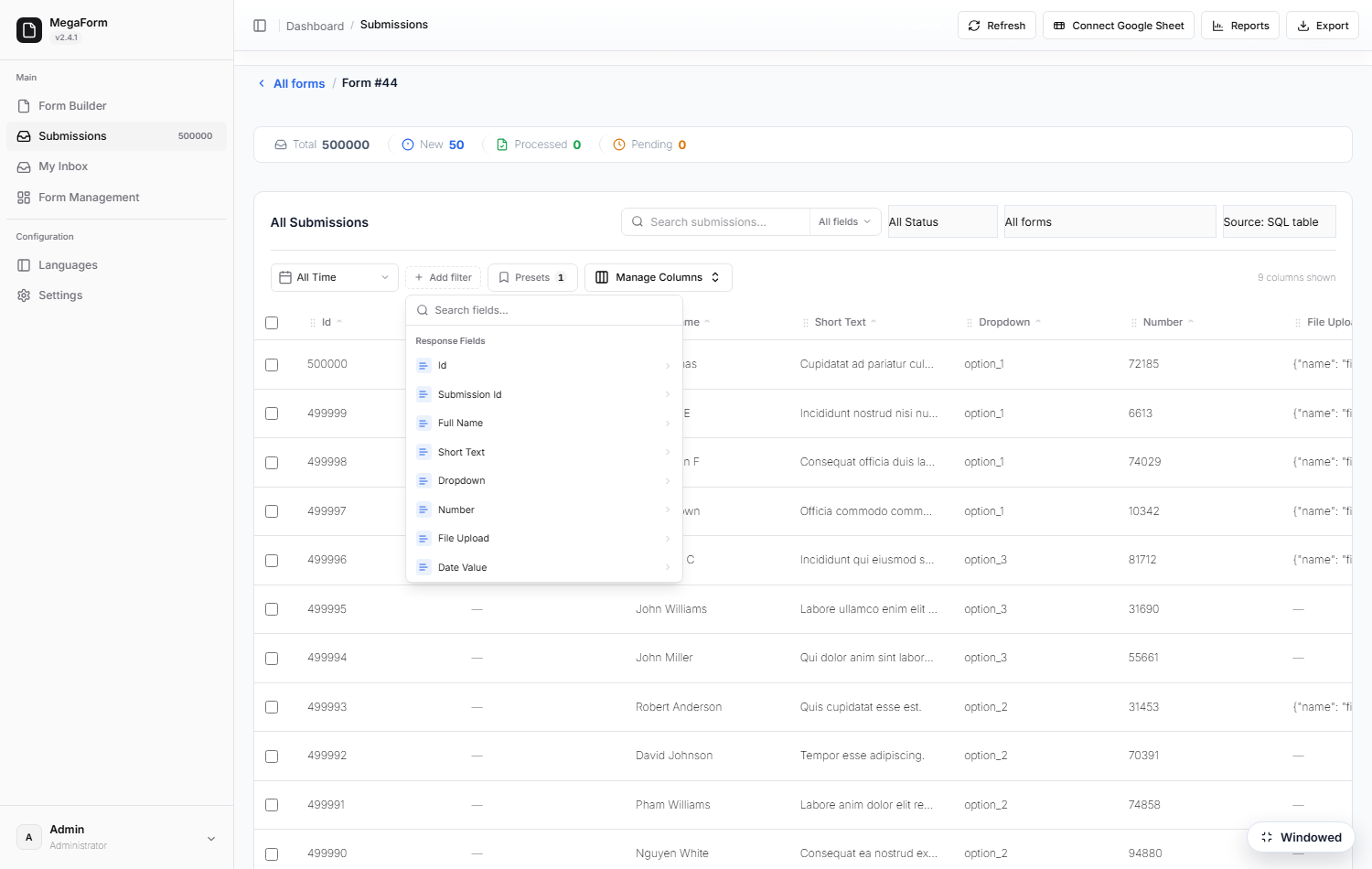 Add filter builds its field list from the bound source's own columns