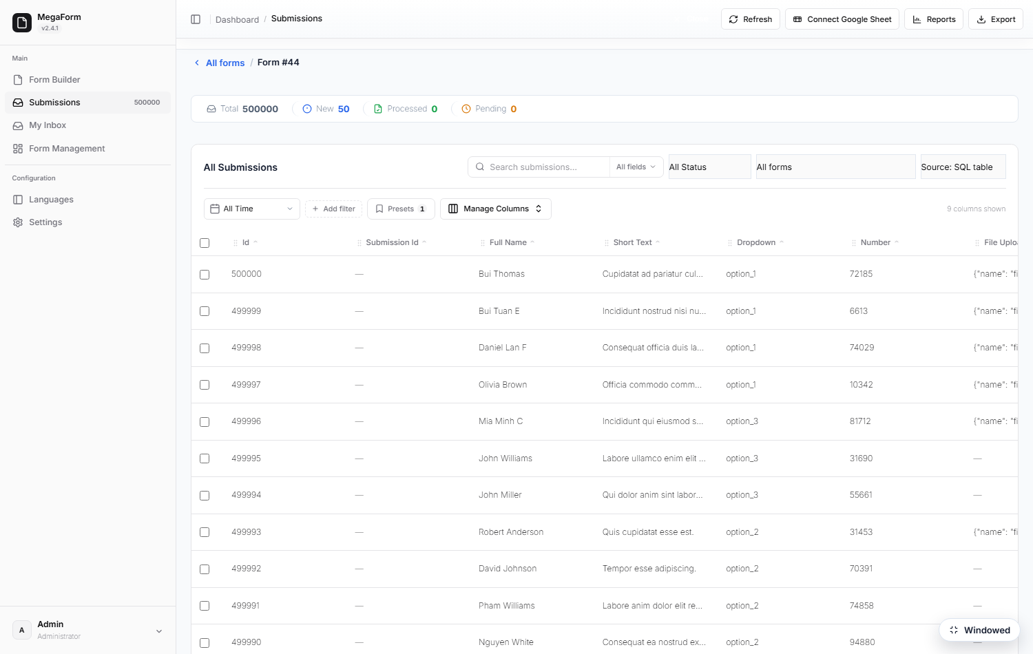 The submissions grid on DNN showing a 500,000-row source: total count, the form's own columns and server-side paging