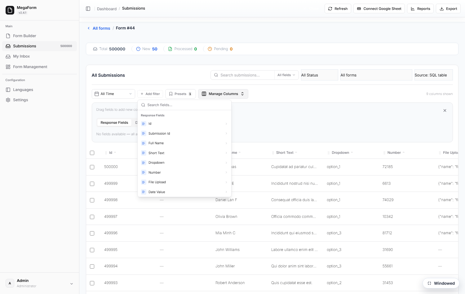 Manage Columns — pick and reorder what the grid shows
