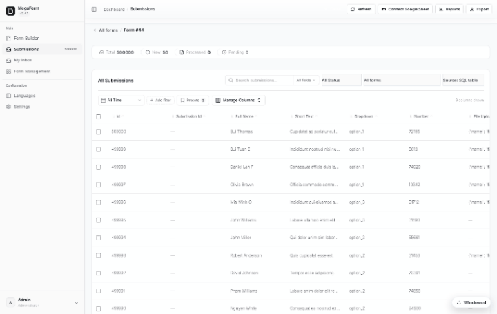 Working the toolbar on half a million rows: search, Add filter, Manage Columns