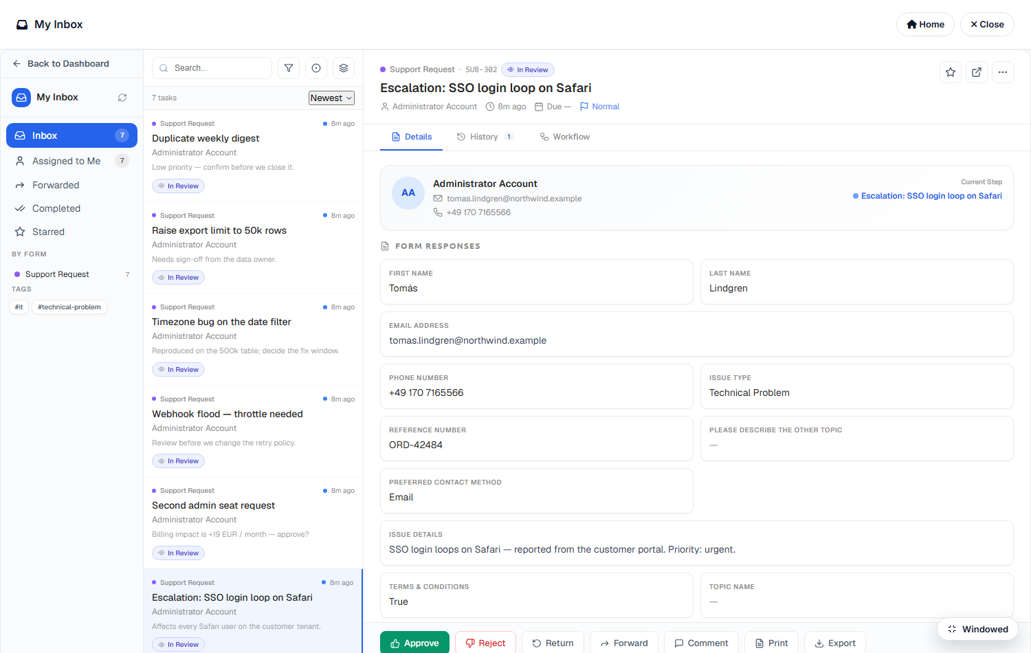 A task opened in My Inbox: the submission's responses, the history and workflow tabs, and the action bar
