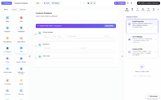 The builder's DB tab on DNN: browsing the connected database's tables, each with its capability profile and a one-click DataGrid