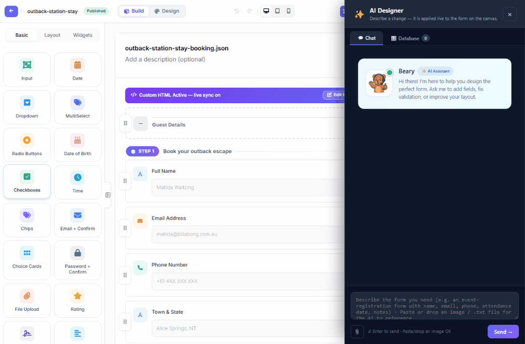 The AI Designer on DNN modifying a premium form: the request — add a "Special Requests" field — is sent, the assistant confirms it applied the change live to the canvas, and the updated premium form is what visitors fill in