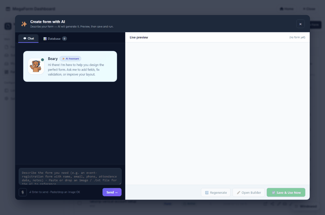 Create form with AI on DNN: describe the form in the Dashboard assistant, the AI generates it, then Save & Use Now opens the finished premium form — with choice cards and chips — ready to collect submissions