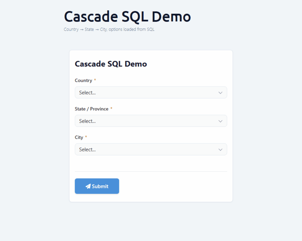 Cascade dropdowns filtering Country → State → City on a live DNN form