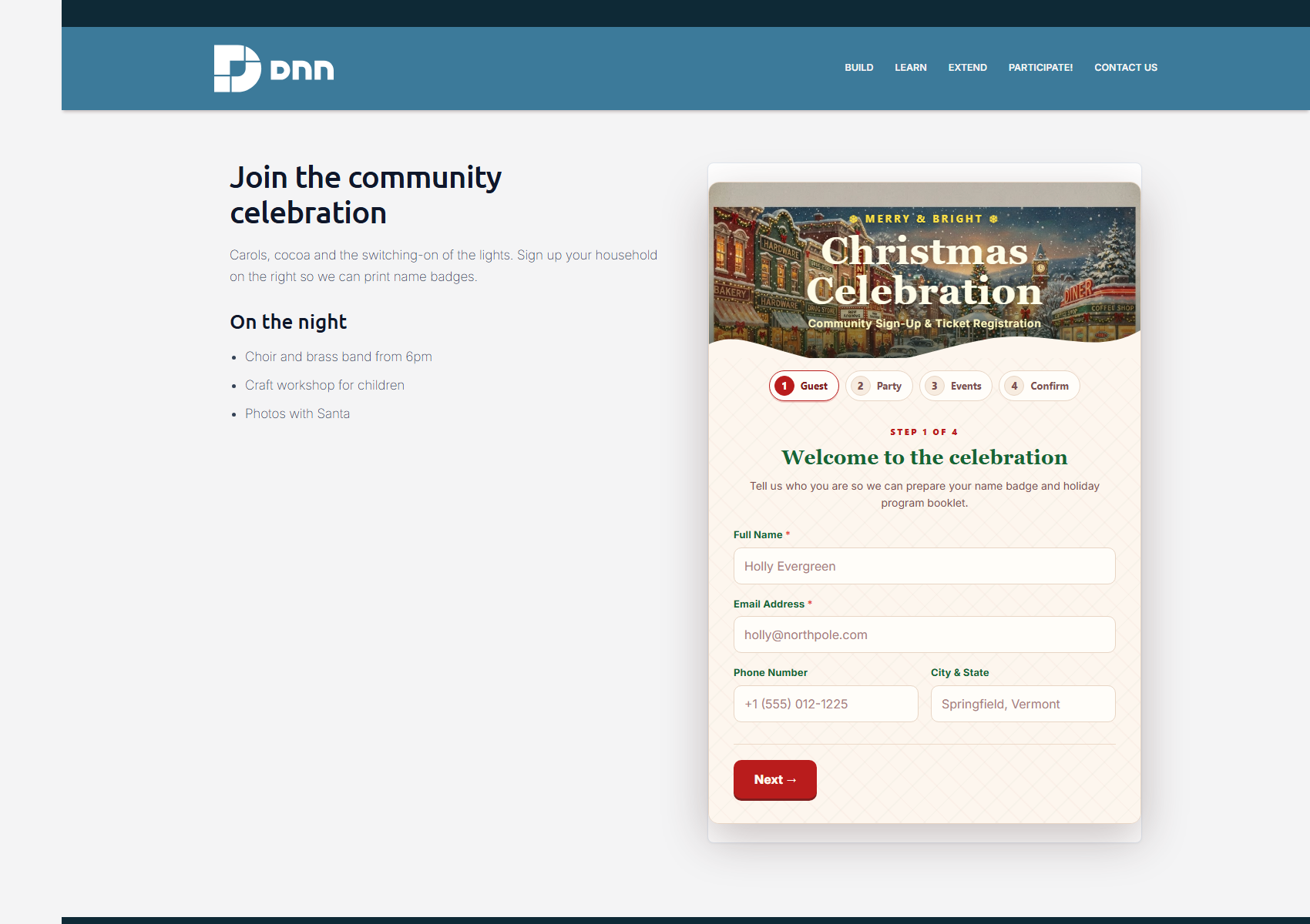 Christmas community sign-up on a DNN page — premium multi-step design
