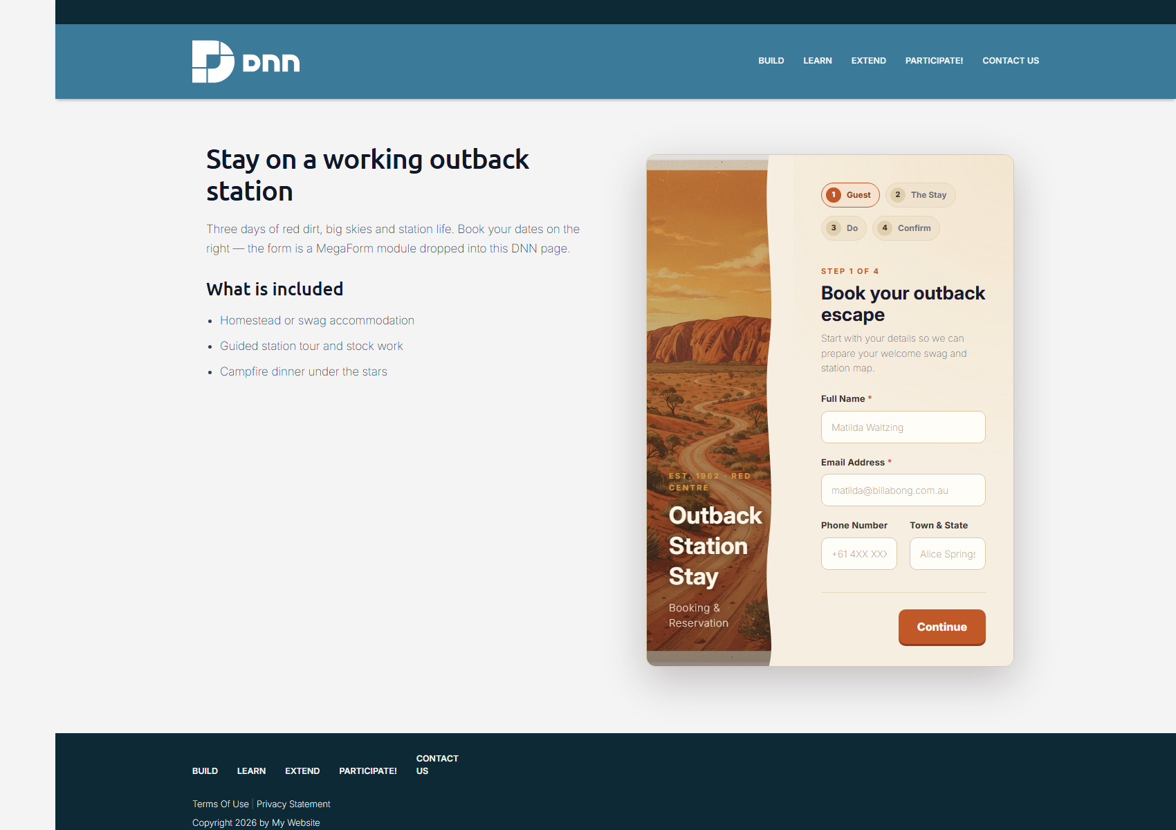 Outback Station Stay booking as a MegaForm module in the right pane of a two-column DNN page