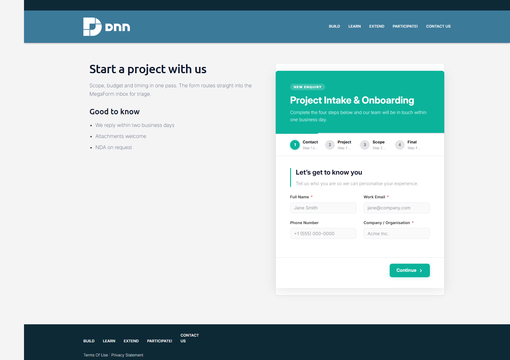 Project intake & onboarding on DNN