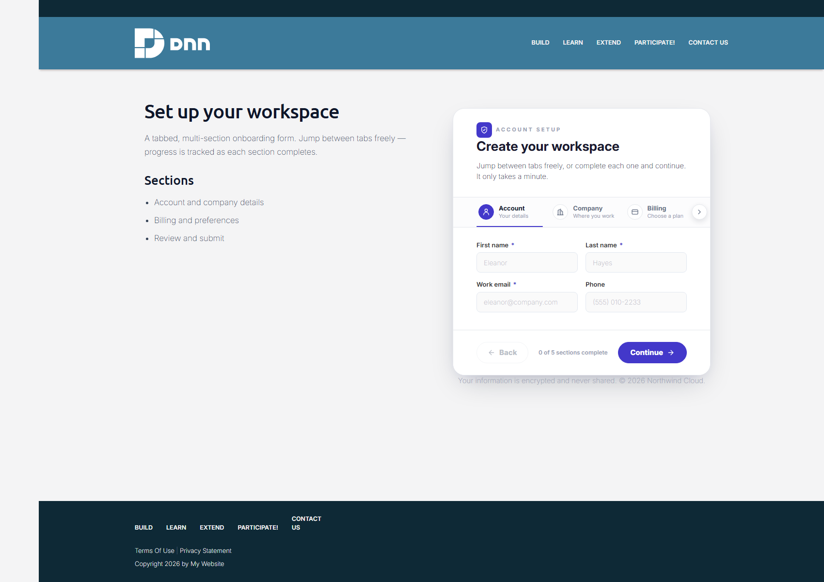 Tabbed account setup on DNN