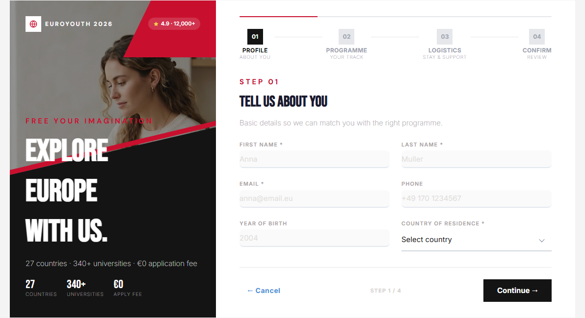 EuroYouth Brochure skin on DNN — crimson diagonal hero on the left, four-step wizard with underlined inputs on the right