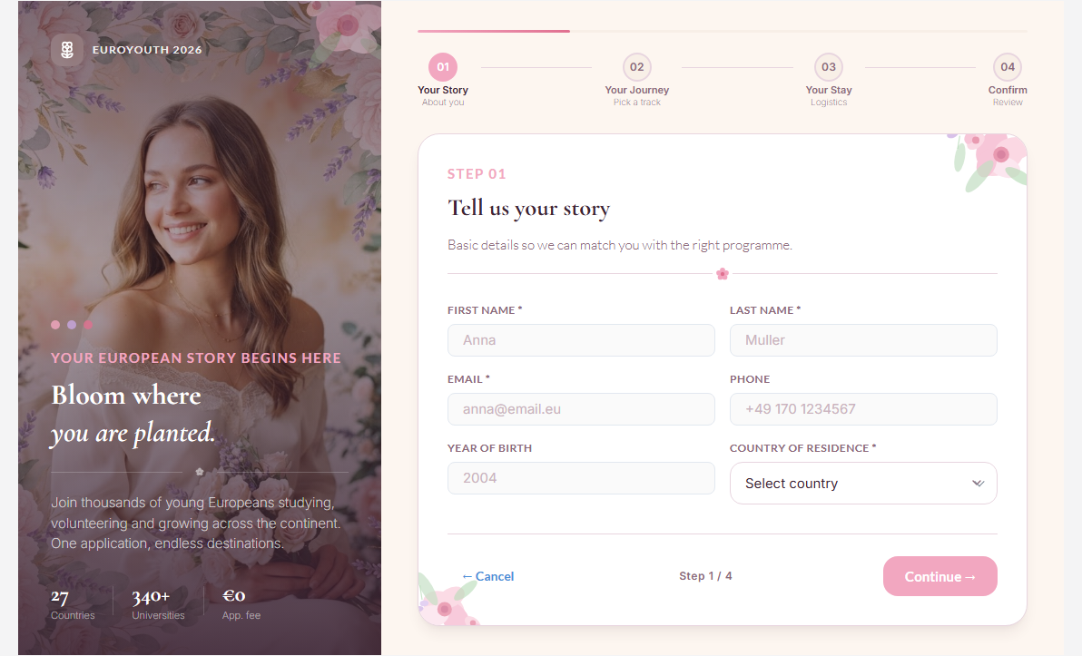 EuroYouth Floral skin on DNN — botanical hero with the headline Bloom where you are planted, ivory panel and pink stepper