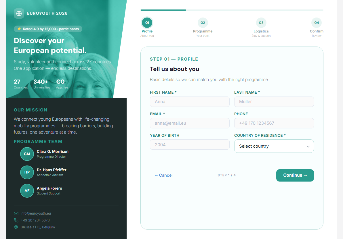 EuroYouth Teal Brochure skin on DNN — teal hero, mission and programme-team panel on the left, teal stepper and form on the right