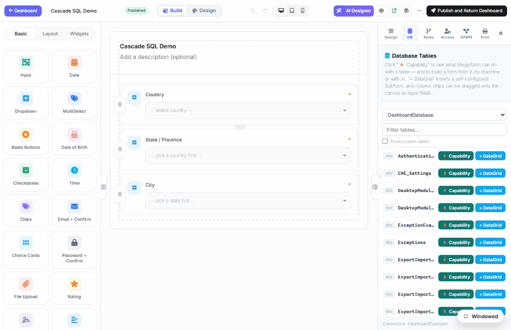 DNN Form Builder DB tab: browse a table, drop column chips onto the canvas, submit the form, and the new row appears in SQL