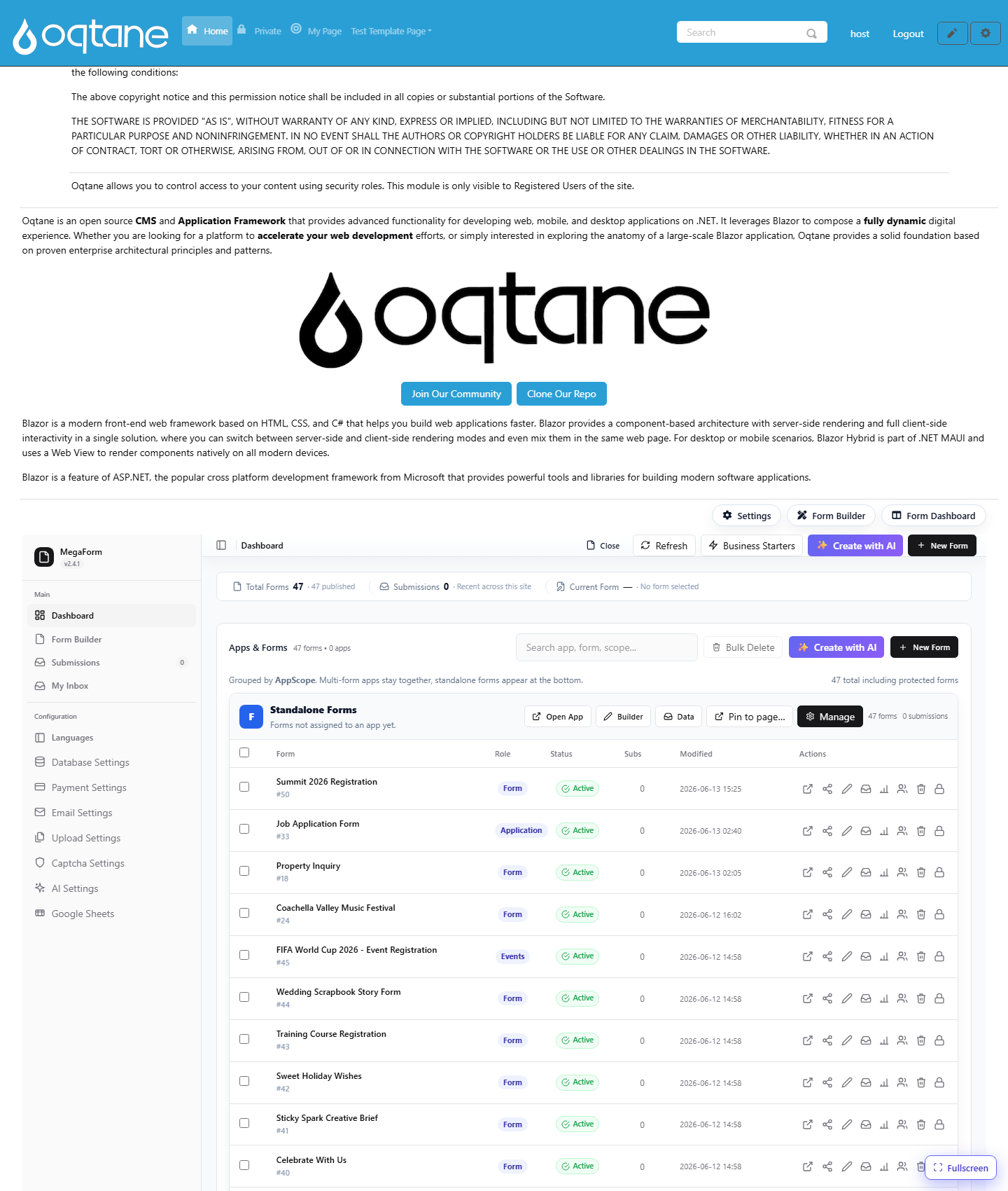 Oqtane dashboard unaffected by the SDK addition