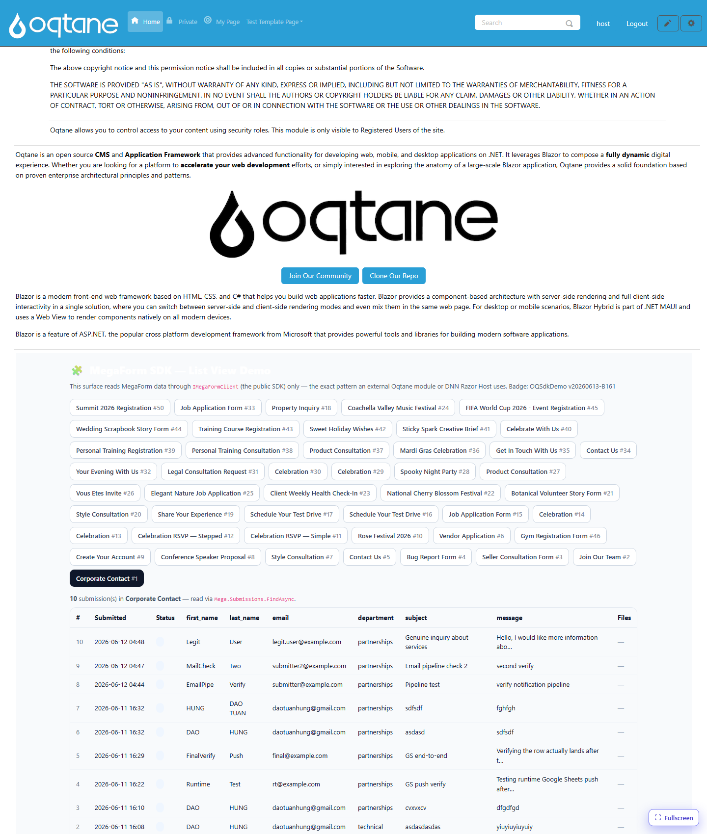 Oqtane SDK list view — 47 form pills, 10 submissions, parsed columns, Files column