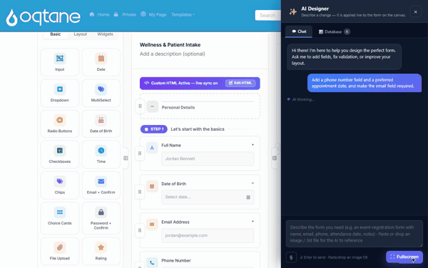 Asking the AI Designer to add fields and make one required, applied live to the form