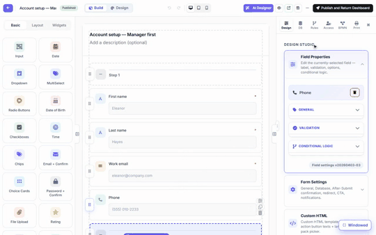 Configuring field visibility by role in the builder, then the same form rendering differently for a Manager and a Finance user