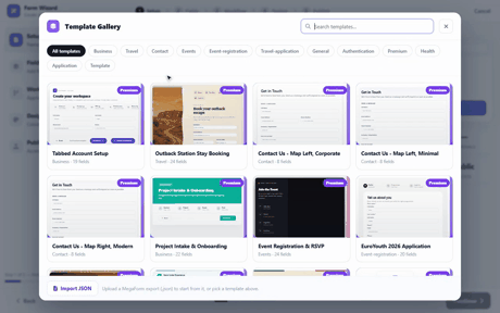Browsing the template gallery, previewing the Tabbed Account Setup template, using it, and navigating its tabs freely in the created form