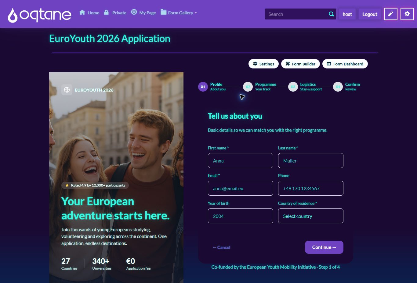 EuroYouth 2026 Application on an Oqtane gallery page