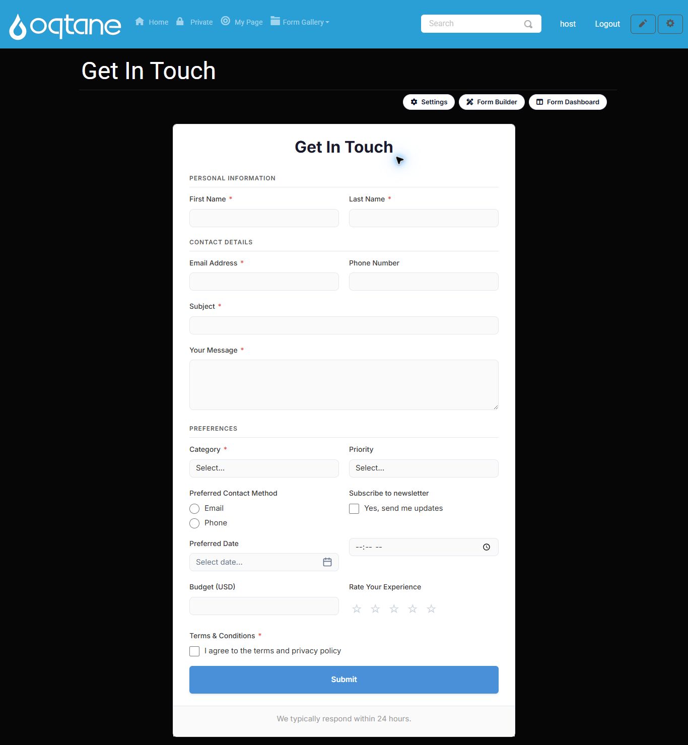 Get In Touch contact form on an Oqtane gallery page