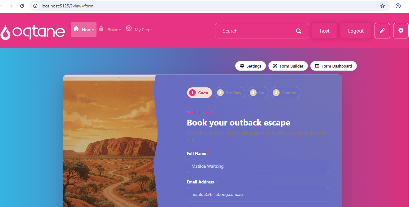 Outback Station Stay Booking on an Oqtane themed page