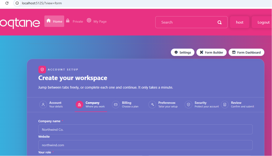 Tabbed Account Setup on an Oqtane themed page