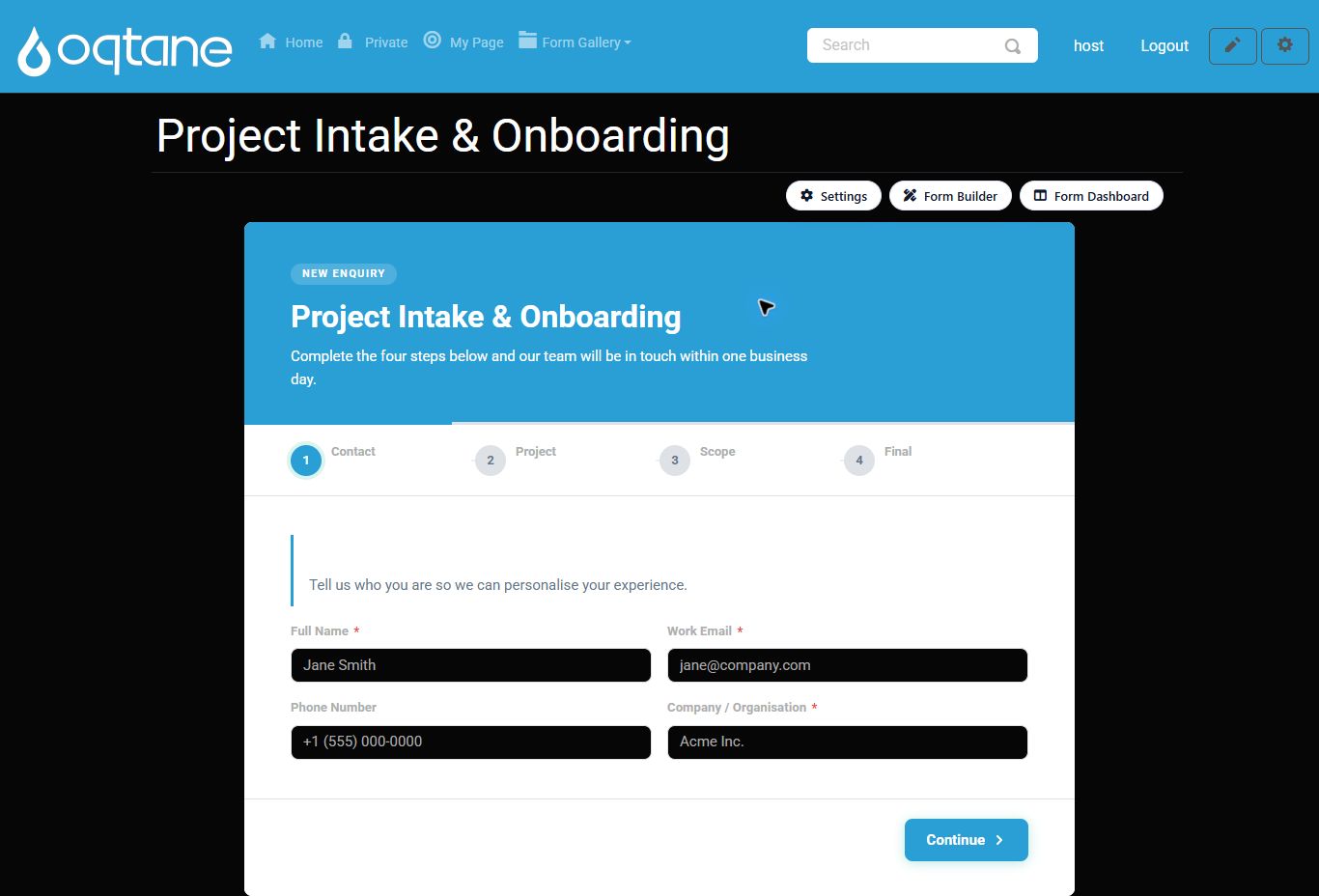Project Intake and Onboarding on an Oqtane gallery page
