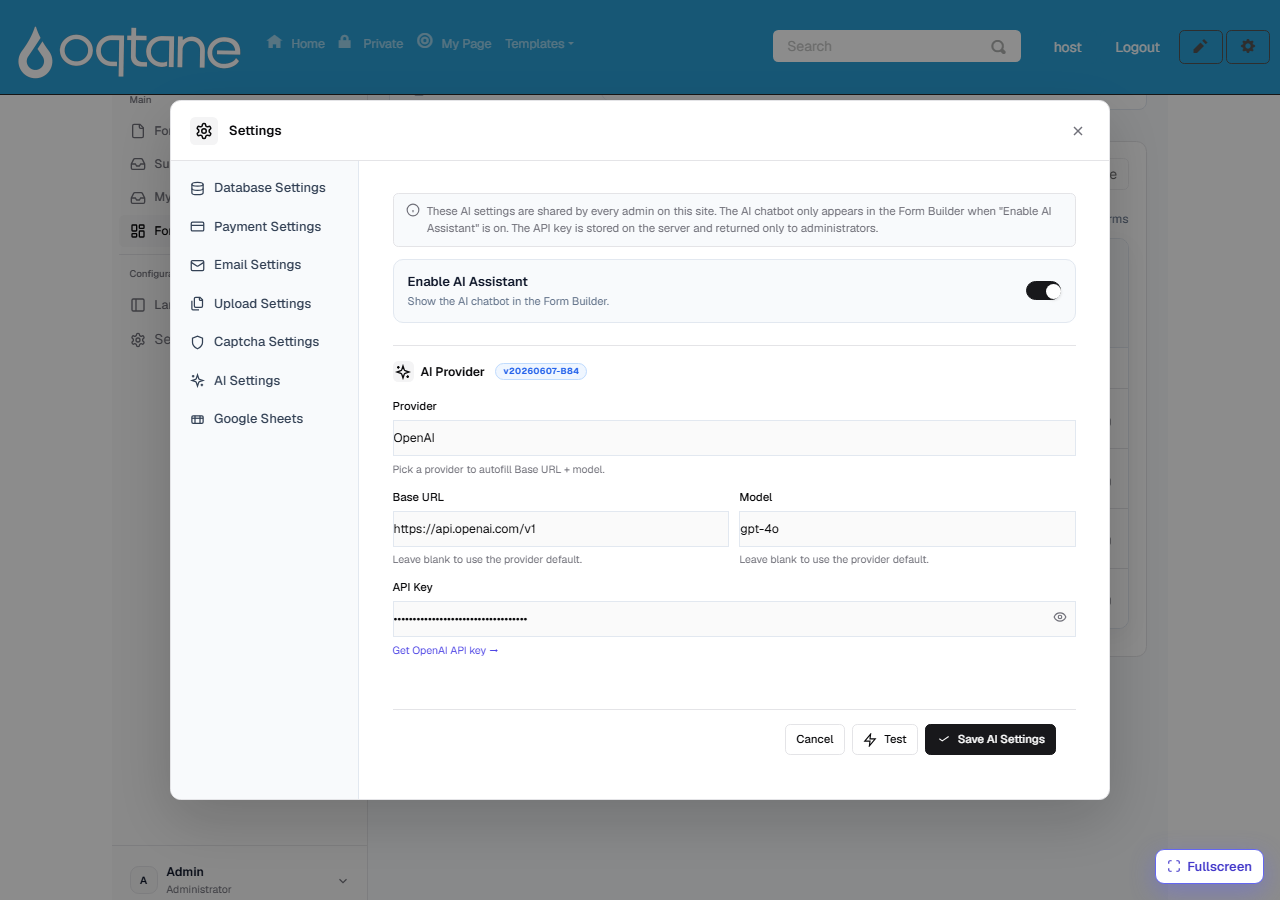 The AI Settings panel: provider, base URL, model, and a masked API key