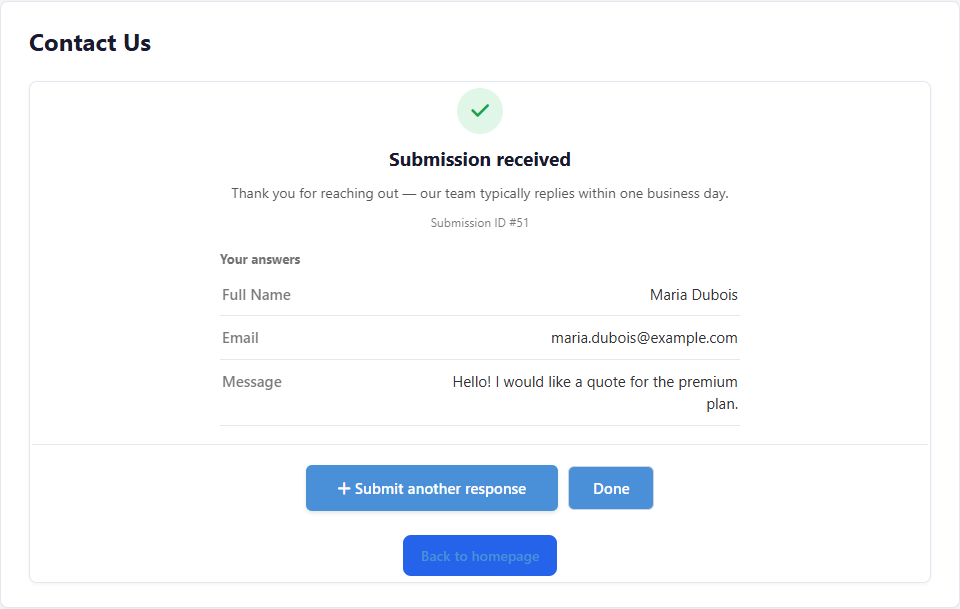 Live confirmation screen: success check, message, submission ID, answer summary and action buttons