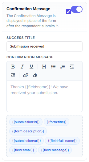 Confirmation settings: review step, confirmation type, success title and message with token chips
