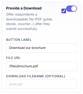 Provide a Download card: button label, file URL, filename