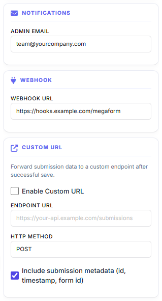 Notifications, Webhook and Custom URL settings groups