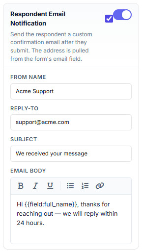 Respondent Email Notification card: from name, reply-to, subject and rich-text body