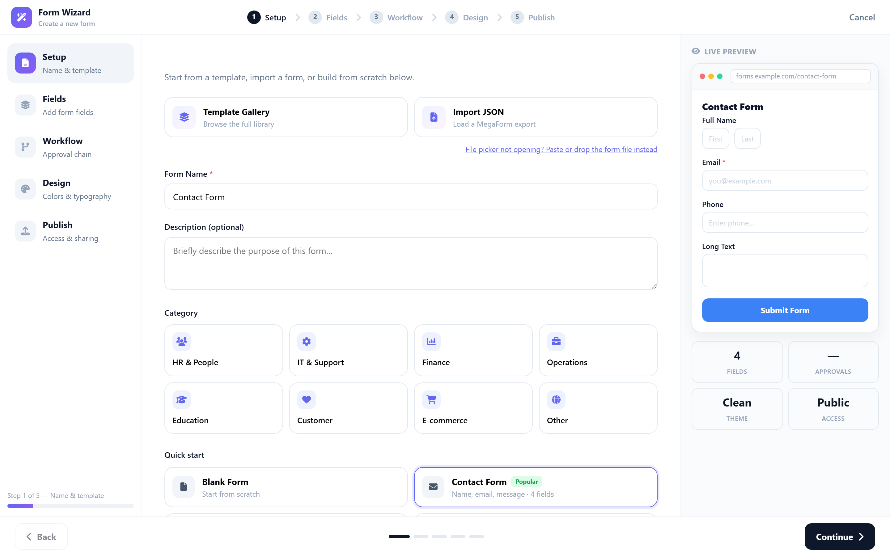 Step 1 of the Form Wizard: template entry points, form name, category and quick-start cards, with a live preview on the right