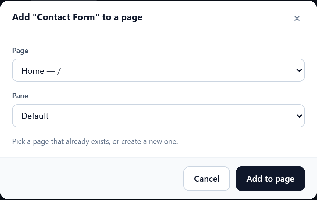 The Add To Page dialog: a Page dropdown listing the site's pages, a Pane dropdown, and Cancel / Add to page buttons