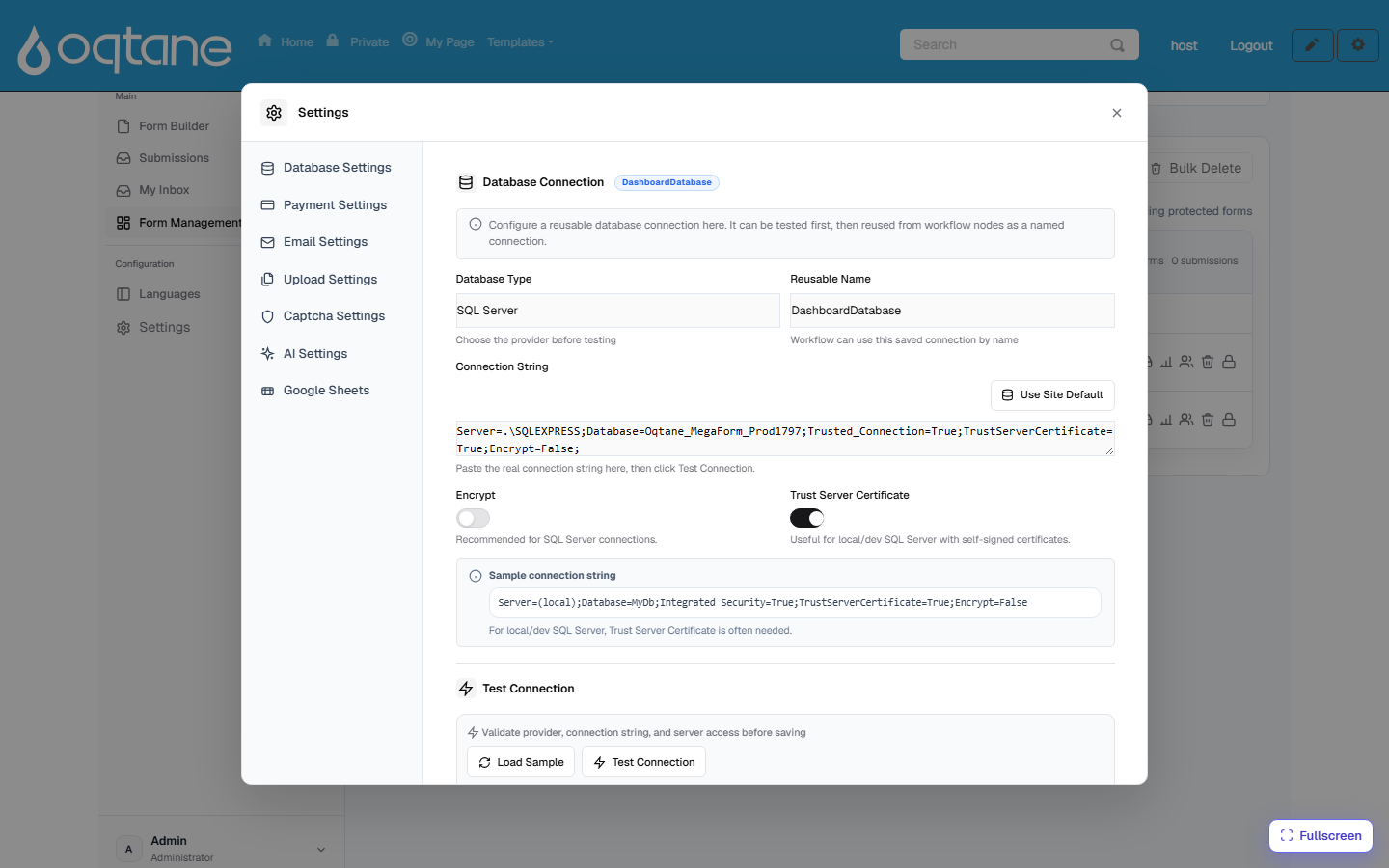 Database connection settings — reusable named connections with Test Connection