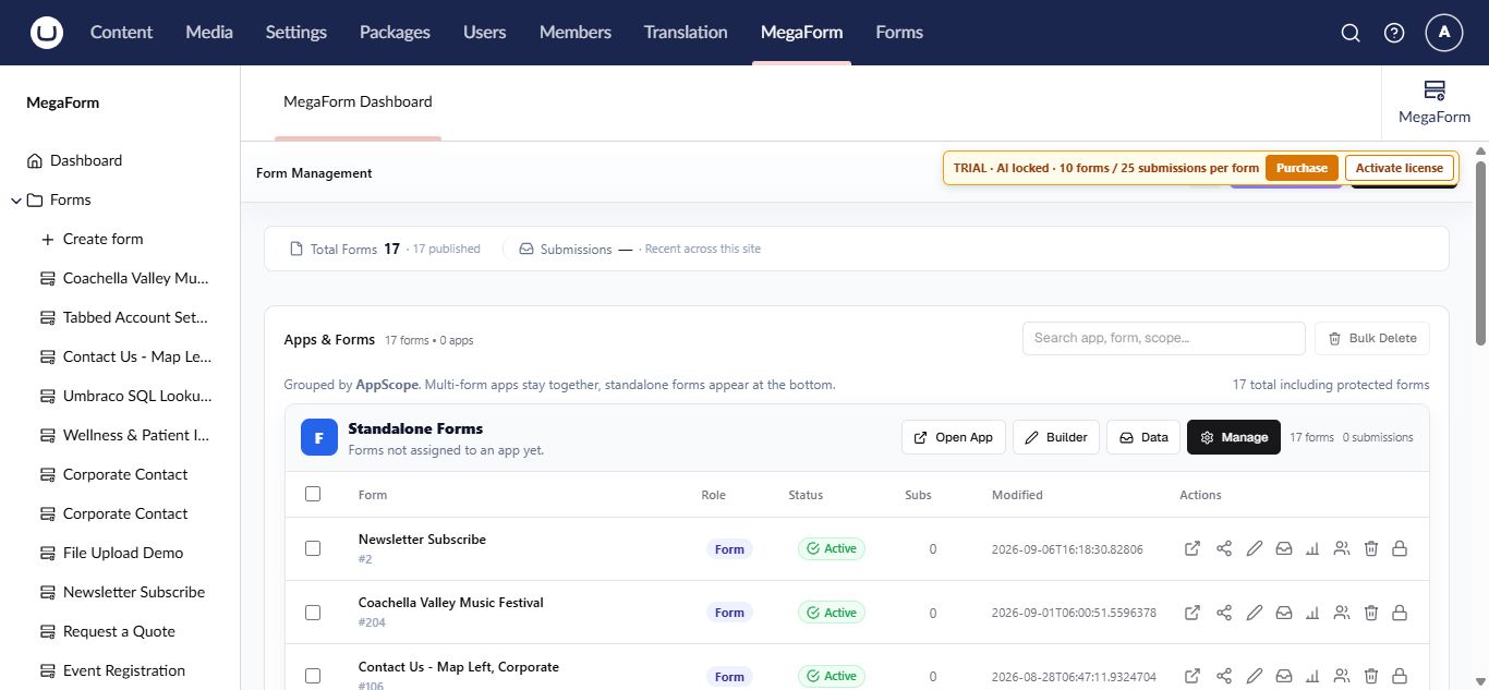 MegaForm dashboard in the Umbraco backoffice