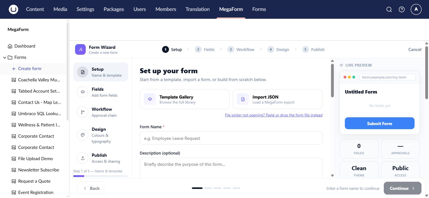 MegaForm form wizard in Umbraco