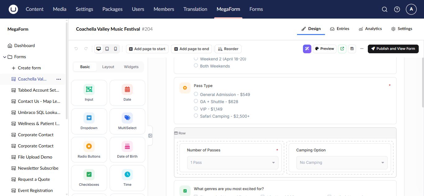MegaForm visual builder in Umbraco