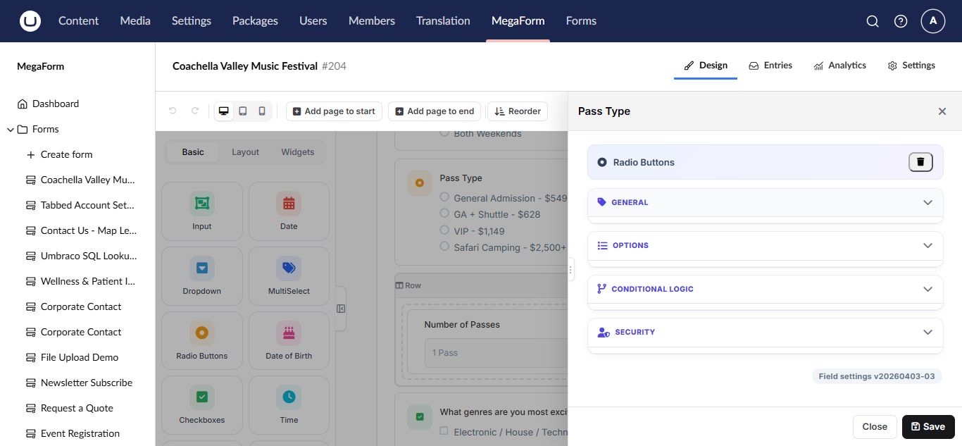Field Properties in the Umbraco form builder