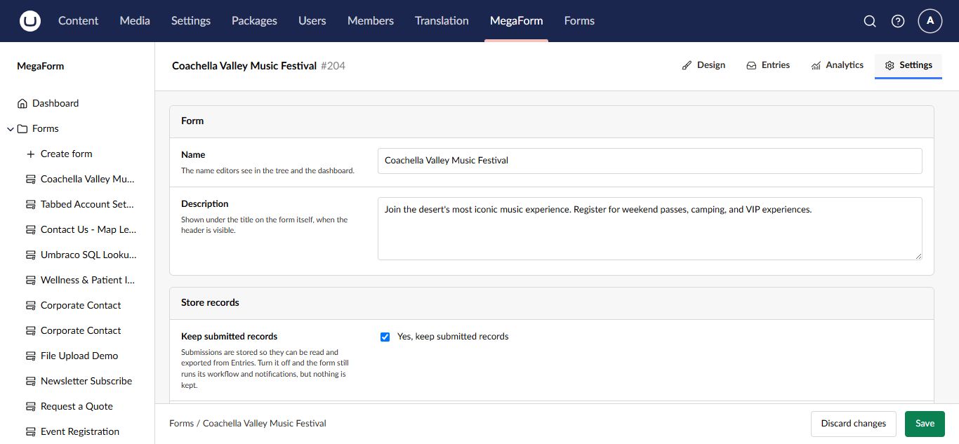 Form settings in Umbraco