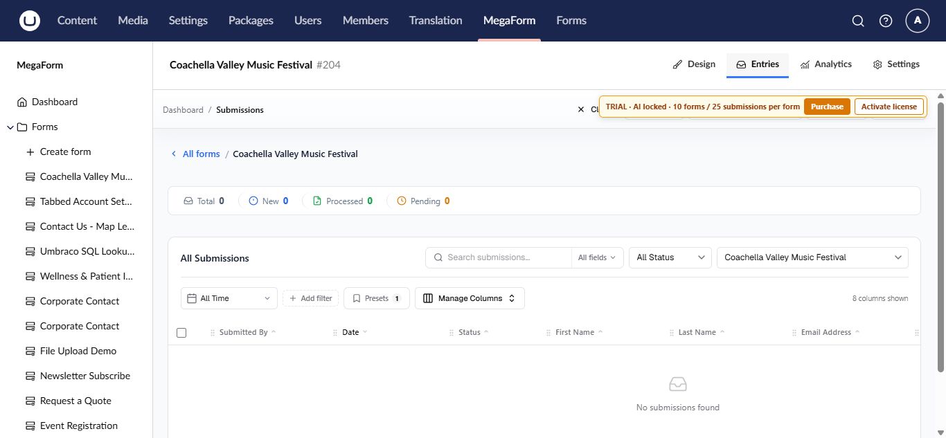 Entries grid for a MegaForm in Umbraco