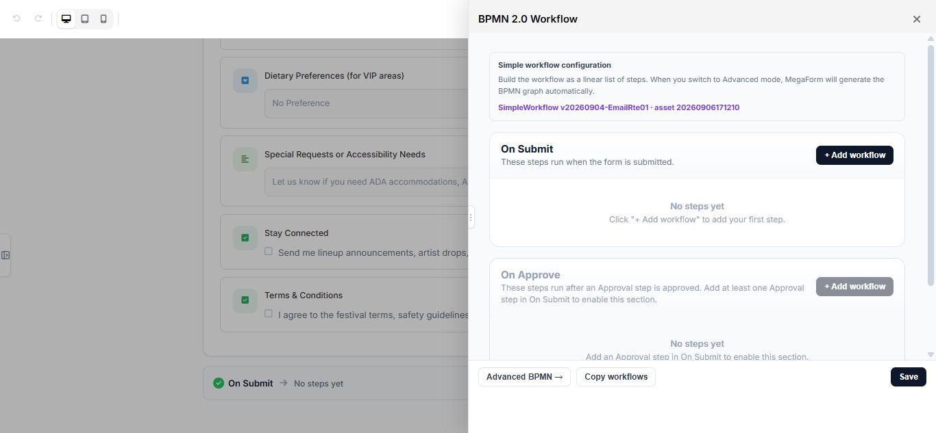 Workflow editor for a MegaForm in Umbraco
