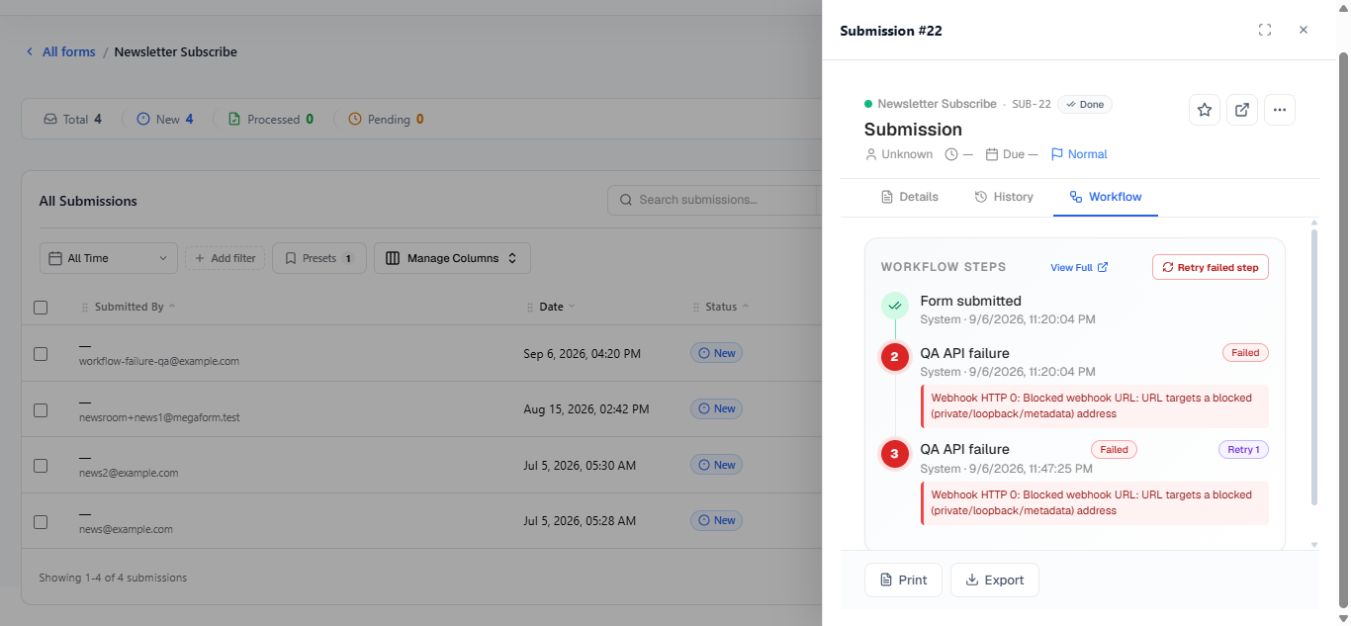 Failed workflow step and retry action in Umbraco